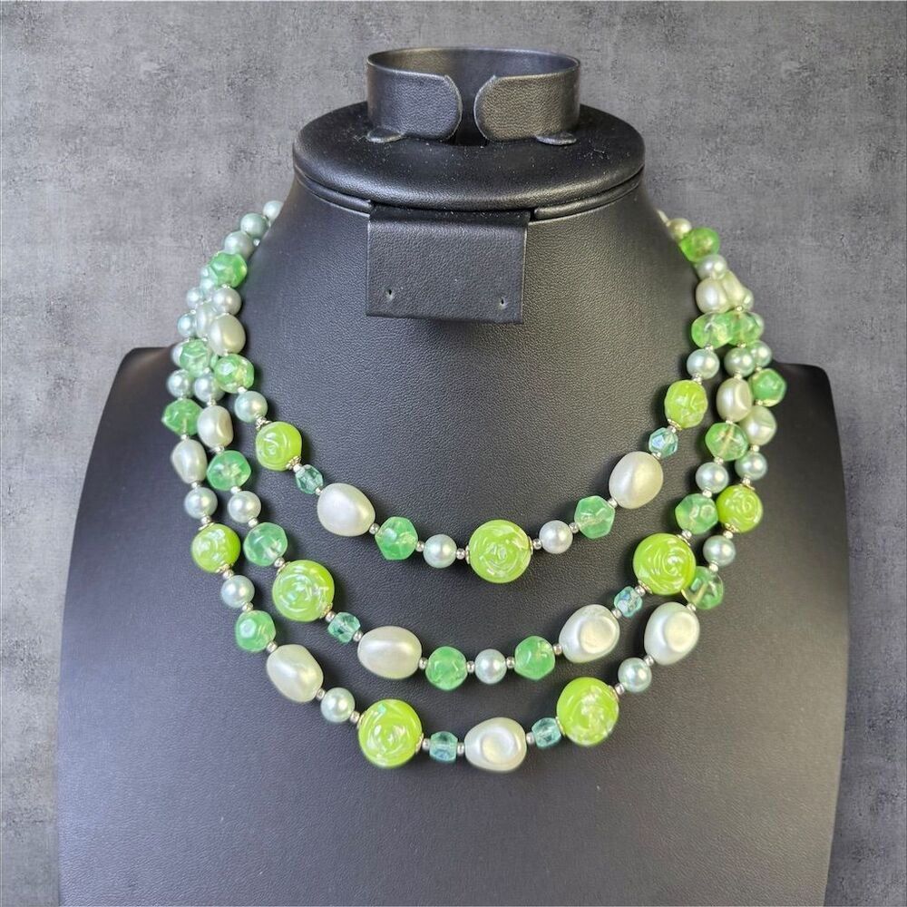 248. Vintage Japan Triple Beaded Necklace Faux Pearl‎ & Rose Beads Multicolor